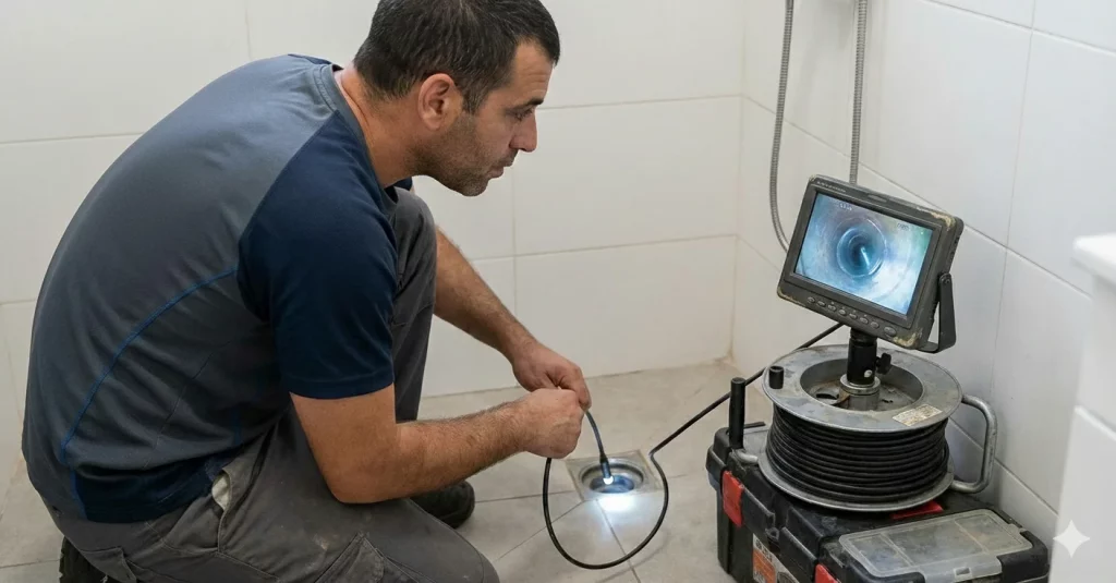 אינסטלטור מבצע שירותי איתור נזילות ביוב עם מצלמה לביוב